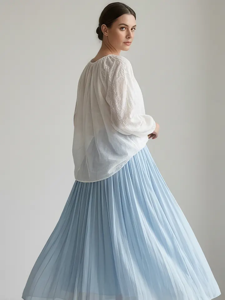 Model wearing a white blouse and blue skirt after AI enhancement